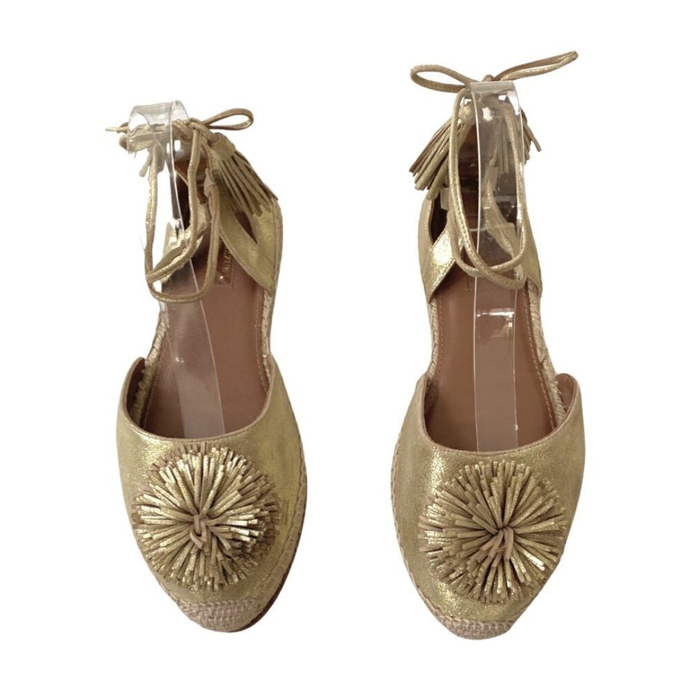 Aquazzura Sunshine Gold Pom Pom Espadrilles Size 39.5